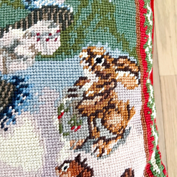 Vintage Needlepoint Christmas Snowman Chipmunk Bunny Square 13.5in Red - Picture 5 of 9